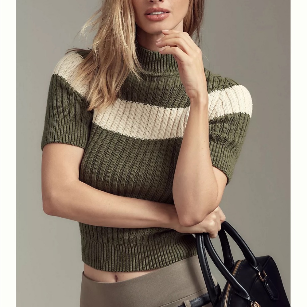 Green and Cream Ribbed Sweater